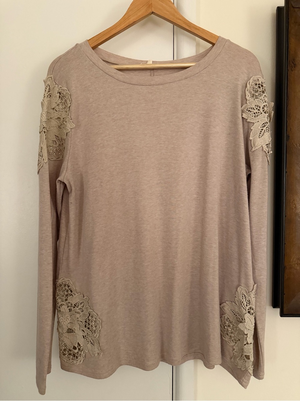 Women’s Lace Applique Long Sleeve Top - Taupe